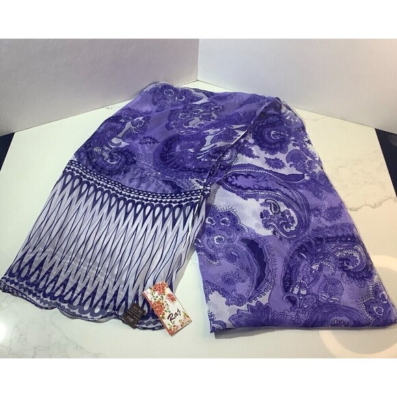 Raj Silk Chiffon Scarf One Size w/Tags Paisley Print Purple/White - Picture 1 of 3
